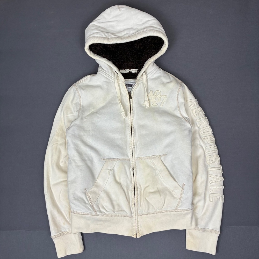 Y2K Aeropostale Sherpa Fur Lined Full Zip Hoodie Men's Size Medium White